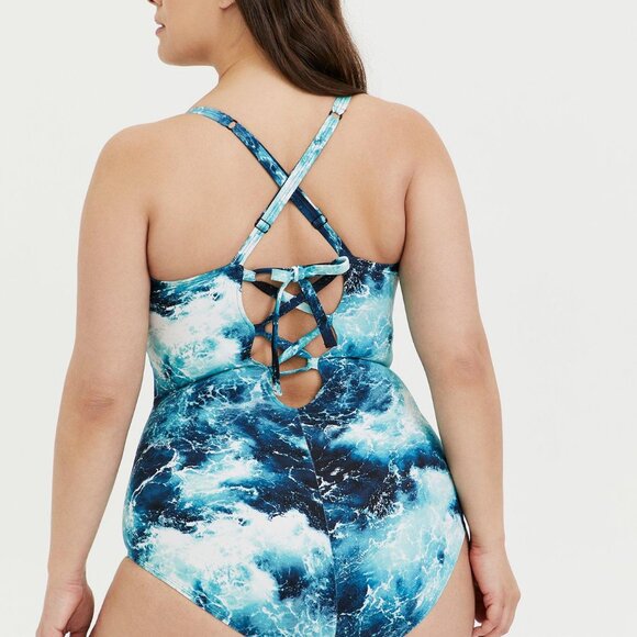 TORRID blue & white  "Blue Ocean" corset swimsuit, sz 0 / 12 (sold out) slimming - Picture 2 of 16